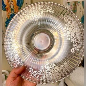 Elegant Silver Floral Glass Plate. Sterling silver plated. Vintage